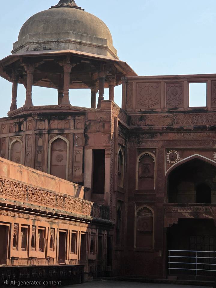 Close architectural detail of red sandstone Mughal fort walls and arched alcoves.