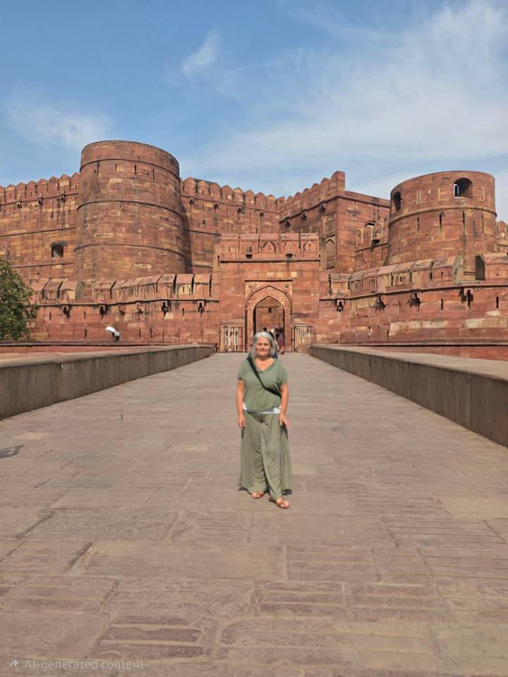 Woman posing in front of massive red sandstone gateway at Agra Fort.