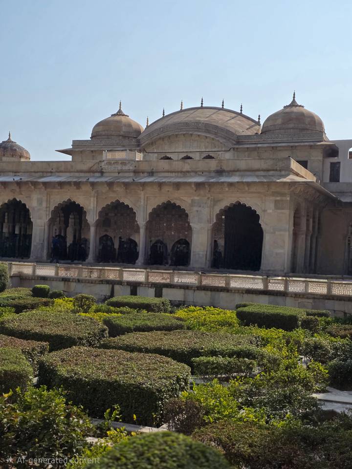 Arcaded marble hall of historic fort with trimmed gardens in foreground.