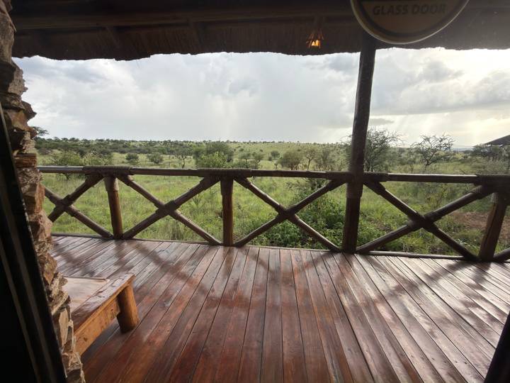 Wooden lodge balcony overlooks endless green savannah under a cloudy sky.