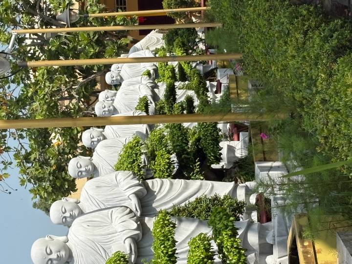 Row of white monk statues holding alms bowls lined along a garden path.