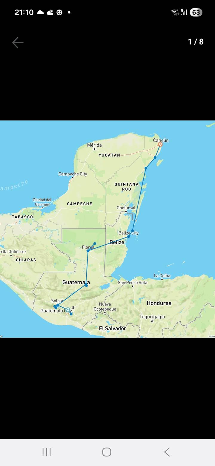 Map showing an overland route across Guatemala, Belize and Mexico.