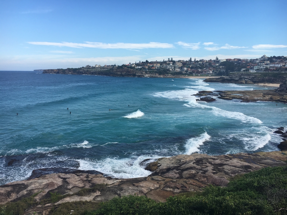 Coastal landscape with waves hitting the shore at Bondi Beach.