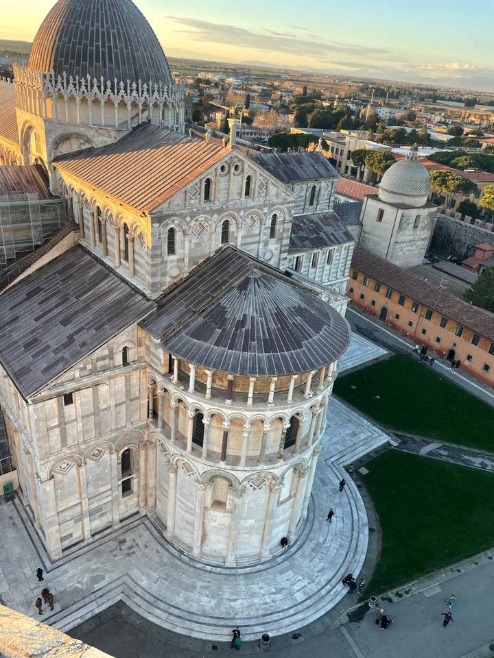Top view of Pisa Cathedral’s roof and baptistery seen from the leaning tower