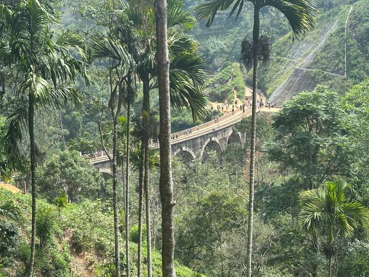 Iconic Nine-Arch Bridge cutting through lush green jungle valley in Ella.