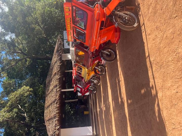 Row of colorful Philippine tricycle taxis parked under a thatched shelter along a dirt road surrounded by trees