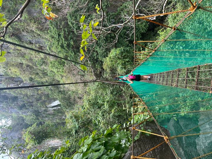 Hiker crosses a narrow suspension bridge high above dense tropical forest.
