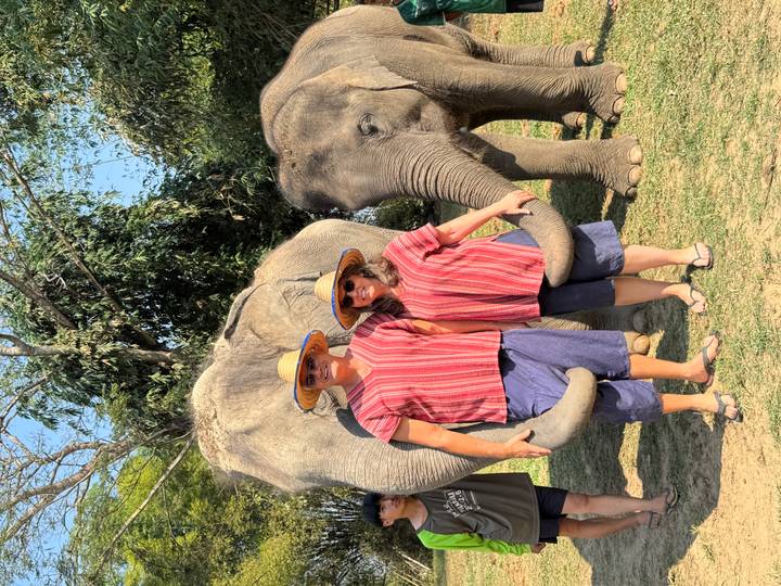Two visitors in matching traditional shirts stand with gentle elephants at a sanctuary.