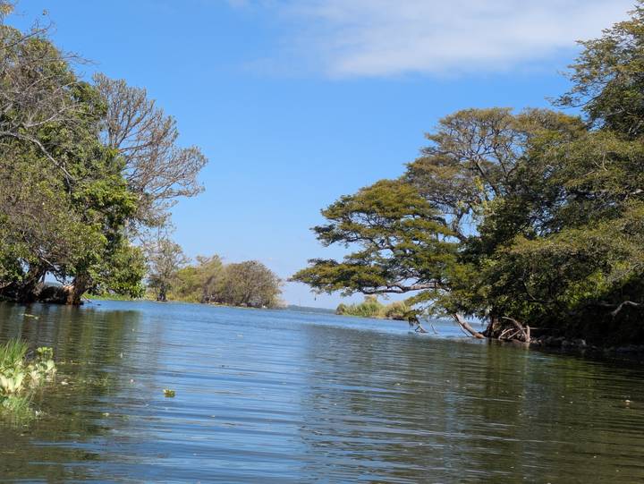 Serene channel between tree-covered islets with bright blue water and sky.