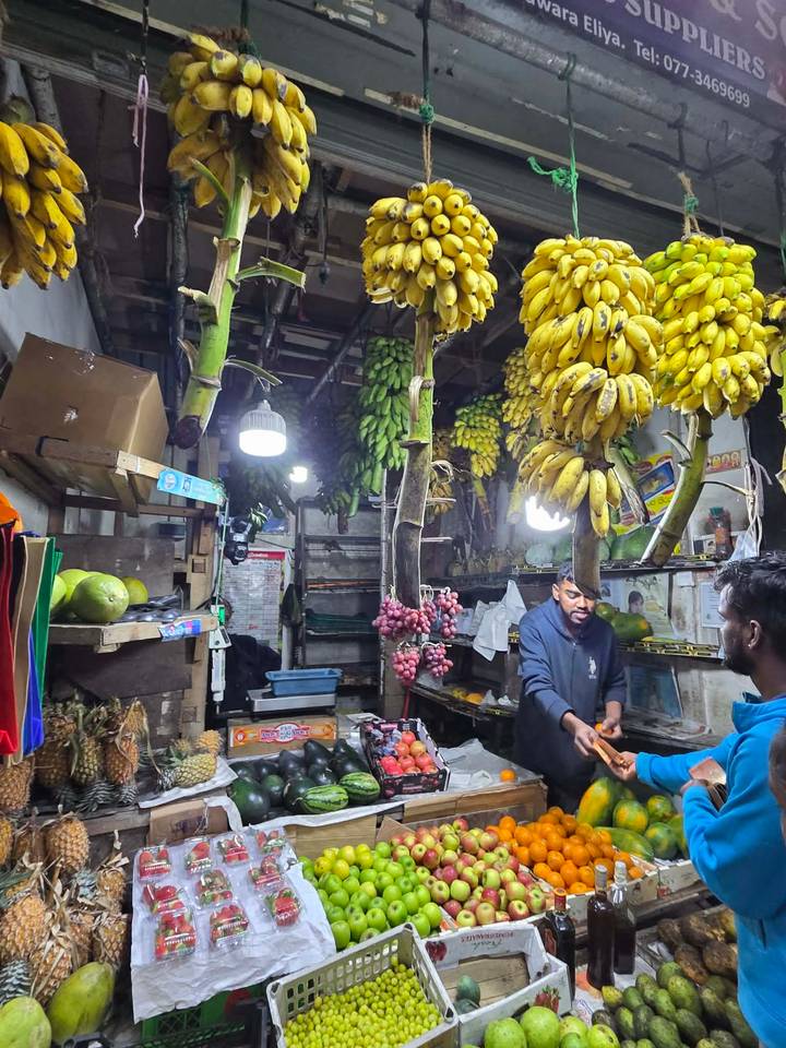 Local fruit stall overflowing with hanging banana bunches while two men negotiate a purchase.