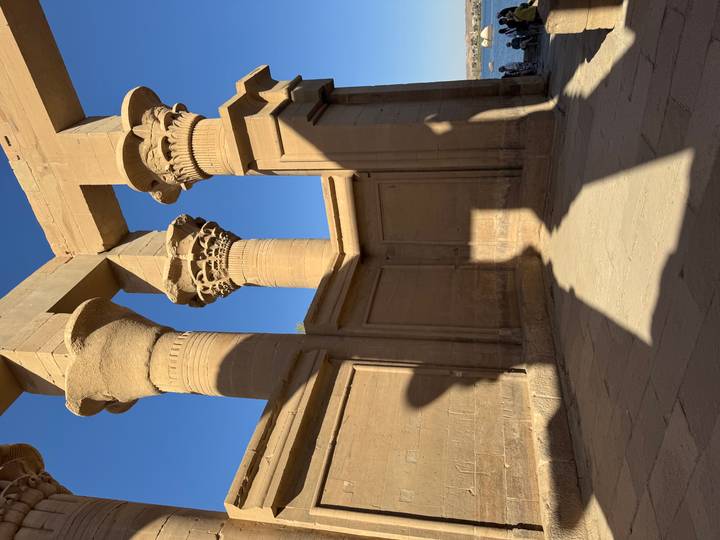Sunlit sandstone columns with ornate lotus capitals casting strong shadows in a temple courtyard.