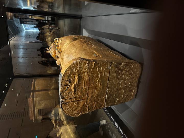 Gold encased sarcophagus displayed horizontally in dim museum gallery with visitors.