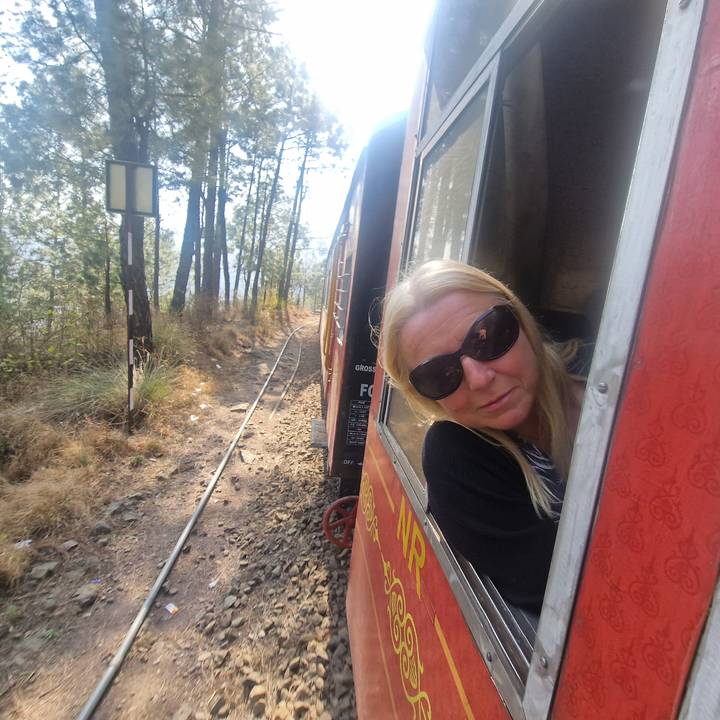 Woman leaning out of the window of a red train passing through a forested mountain track.