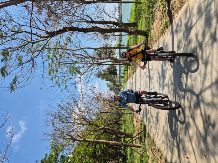 Cycling duo cruise down a paved avenue lined with young leafless trees beside a lake.