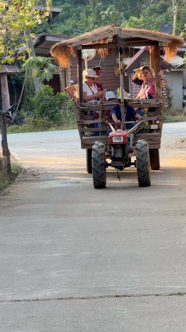Small red farm tractor pulling a wooden cart along a rural paved road.