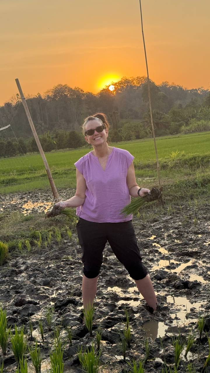 Smiling traveler standing in muddy rice paddy holding young rice seedlings with green fields behind.