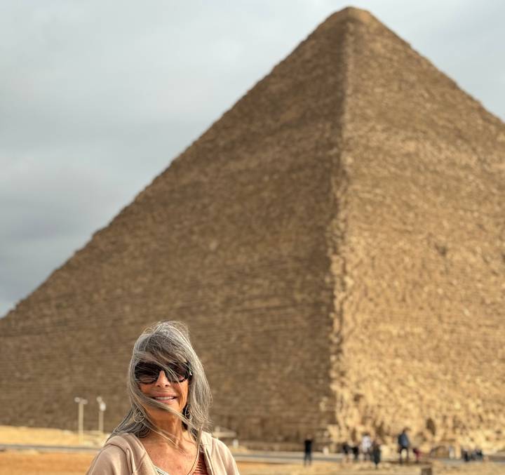 Partial view of a traveller in front of the towering limestone blocks of a Giza pyramid under hazy sky.