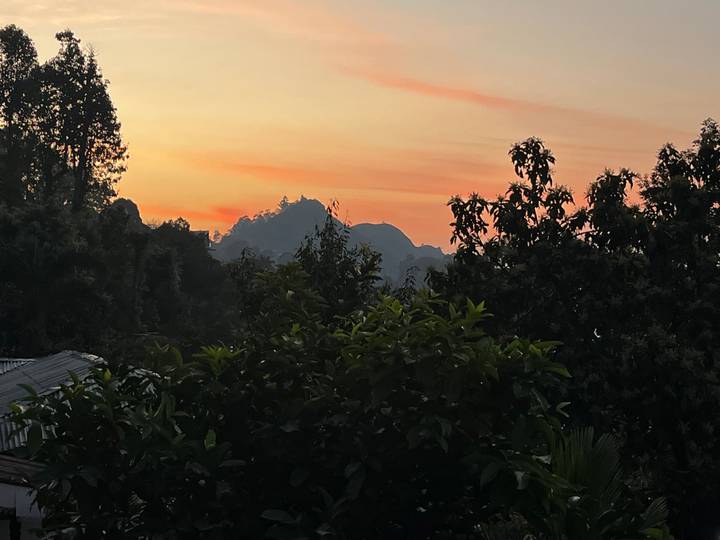 Soft orange and pink hues paint the sky behind silhouetted hills and treetops at dusk.