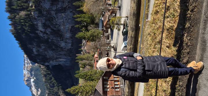 Bundled tourist stands before a dramatic cliff-lined valley dotted with wooden chalets and evergreen trees.