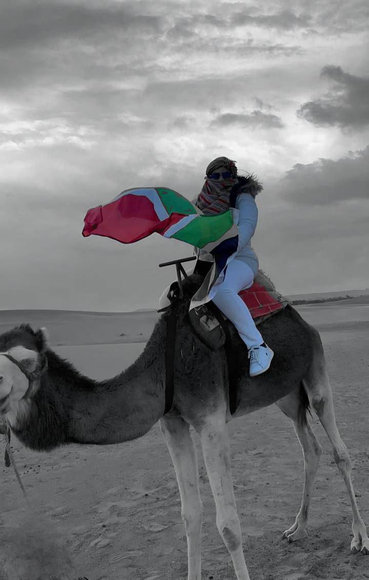 A rider waves a multicoloured flag while seated on a camel against a muted desert backdrop.
