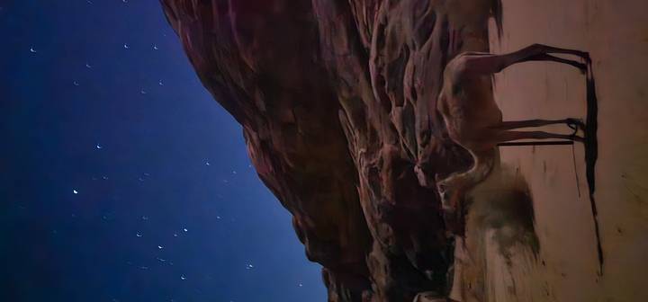 Camel standing under a starry night sky in a dimly lit desert landscape.