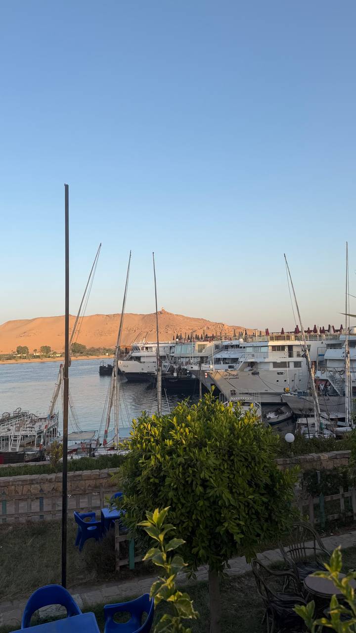 Line of Nile cruise ships moored beside desert hills under pale evening light