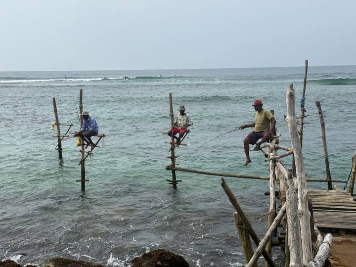 Traditional stilt fishermen balanced above turquoise ocean waters casting lines.