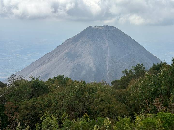 Grey ash-covered volcano slope viewed above green treetops with hazy plains beyond.