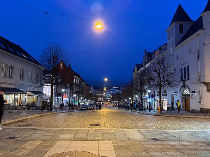 Evening blue-hour view of a cobbled city street lined with lit shops and historic buildings.