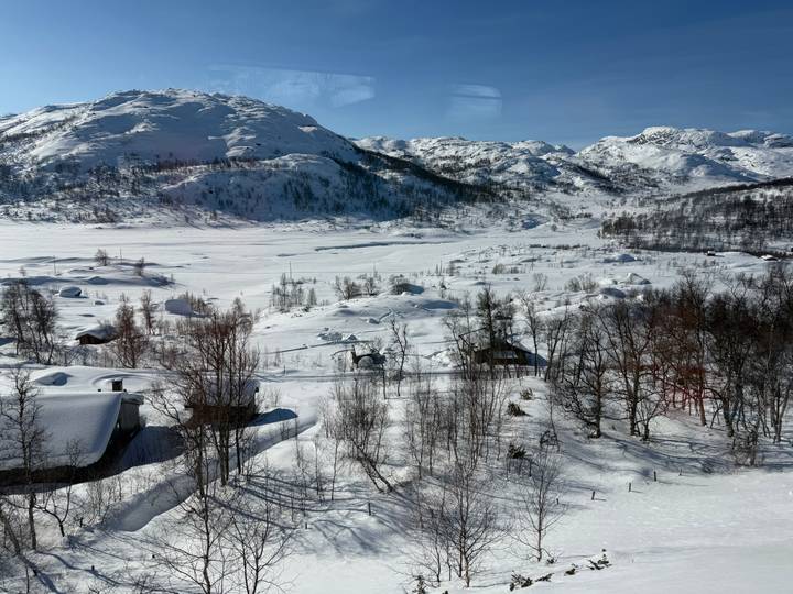 Wide snowy valley with frozen lake, scattered trees and distant mountains beneath a clear blue sky.