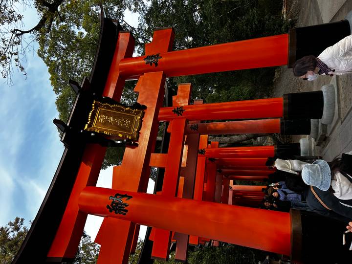 Tunnel of vivid orange torii gates of Fushimi Inari with visitors walking through.