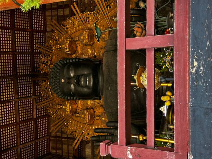 Massive bronze Great Buddha of Nara seated inside wooden temple hall with ornate halo.