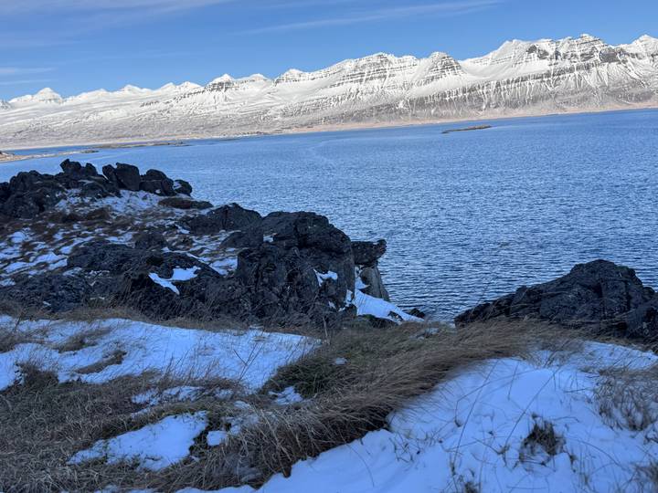 A deep blue fjord is framed by steep, snow-striped mountains and a rocky grassy shoreline under a bright winter sky.