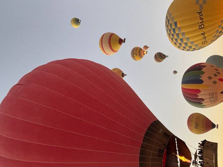 Colourful hot-air balloons ascend into the early morning sky over Luxor.
