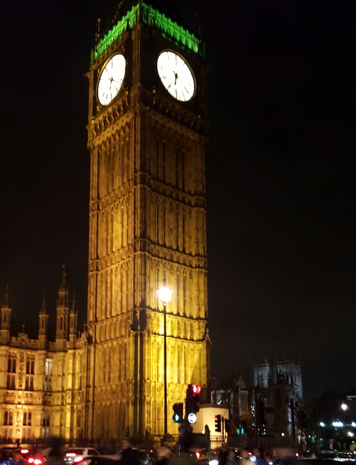 Close-up view of Big Ben at night.