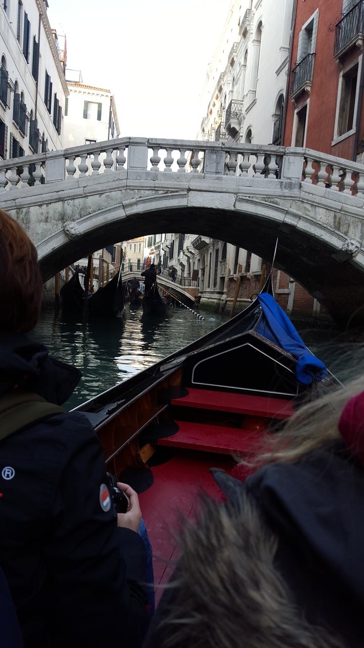 Gondola ride under a bridge in Venice.