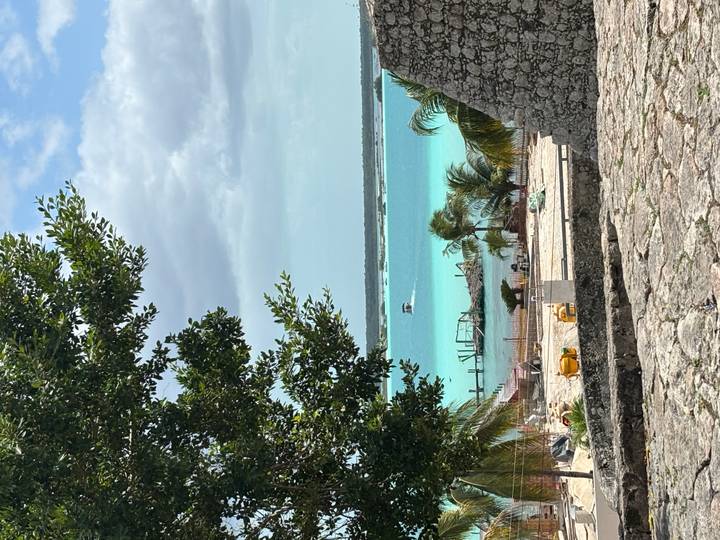 View through foliage to a bright turquoise lagoon with a small boat and jetty below.