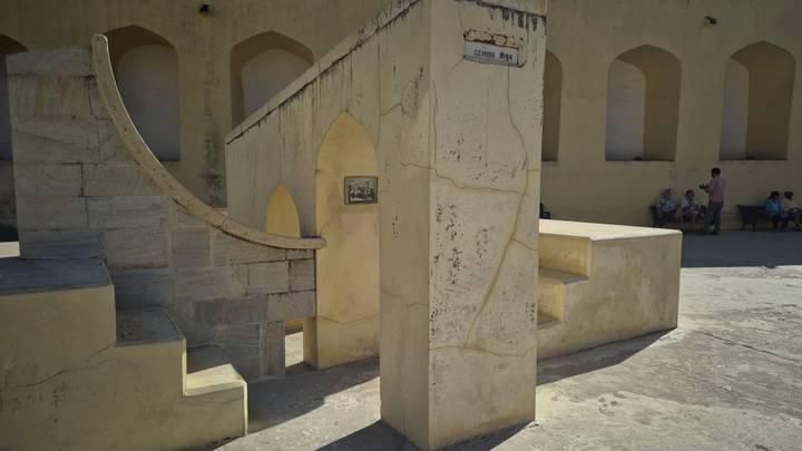 Stone and sundial structures inside Jantar Mantar astronomical observatory in Jaipur.
