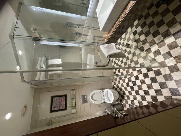 Spacious hotel bathroom with checkered floor, glass shower enclosure and wall-mounted toilet.