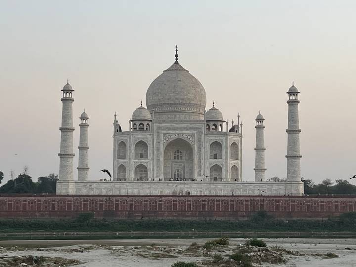 Front elevation of Taj Mahal against a pale evening sky with birds flying past.