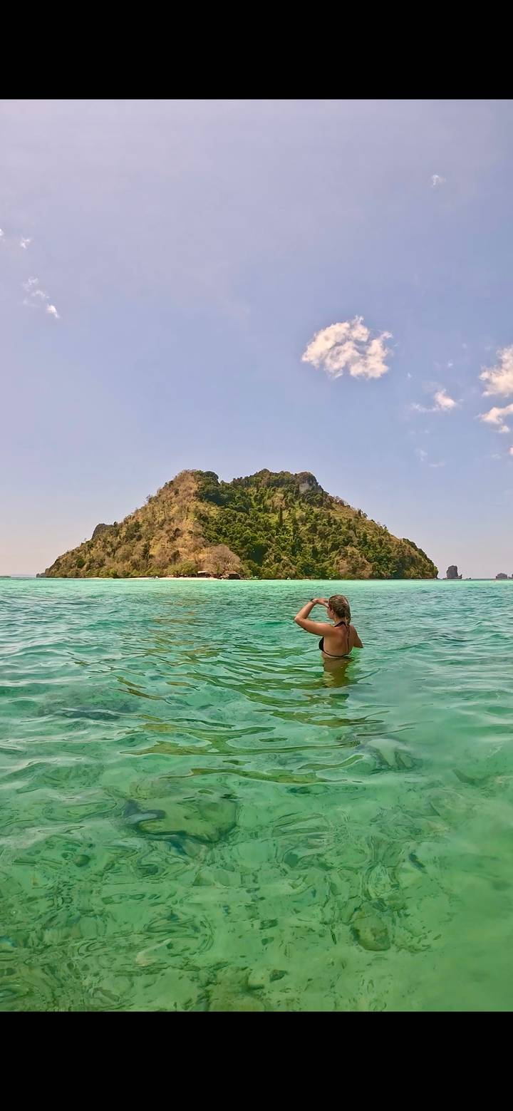 Solo swimmer in clear tropical water gazing at a lush green island under bright skies.