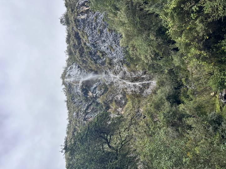 Thin waterfall cascading down a forested limestone cliff amid lush vegetation.