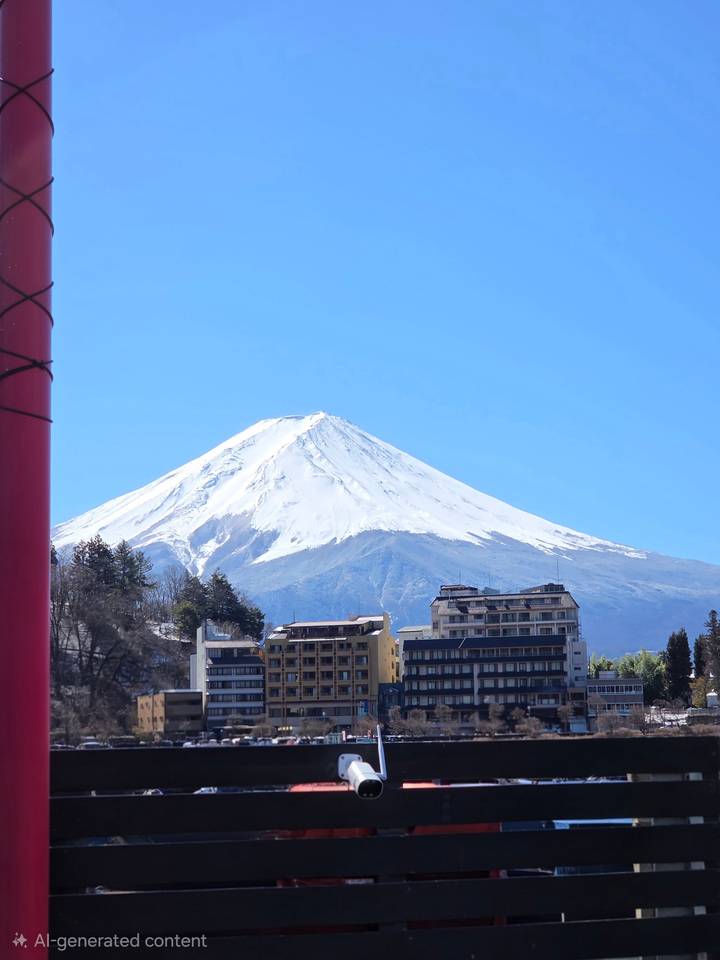 Snow-capped Mount Fuji rising above urban buildings against a clear blue sky.