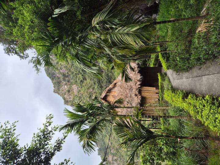 Thatched bamboo bungalow set among lush palms and limestone cliffs, reached by a narrow garden path.