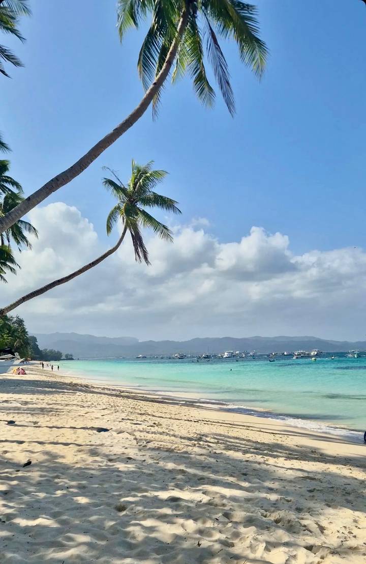 Tropical white-sand beach bordered by turquoise water and leaning palm tree beneath a partly cloudy sky.