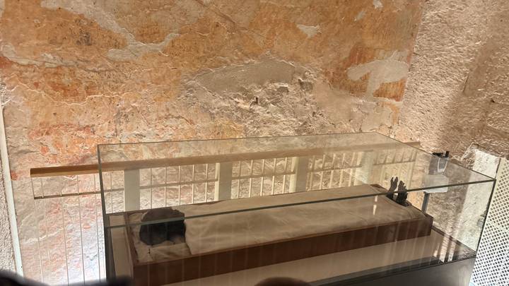 Glass case displaying an ancient mummy against textured stone walls inside a museum