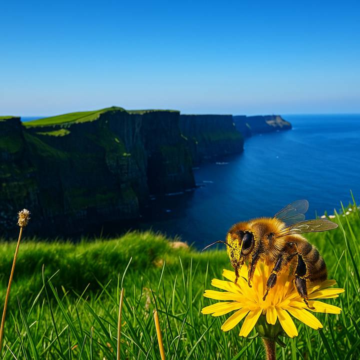 Macro of a bee on a yellow flower with Ireland’s Cliffs of Moher in soft focus behind.