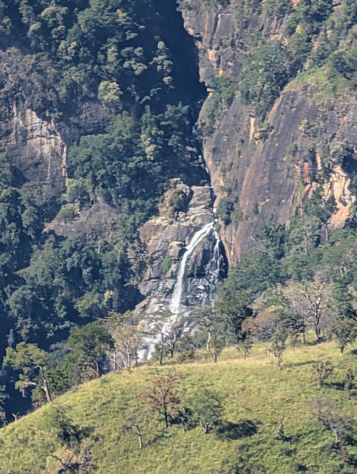Distant waterfall cascading down a cliff face surrounded by dense vegetation