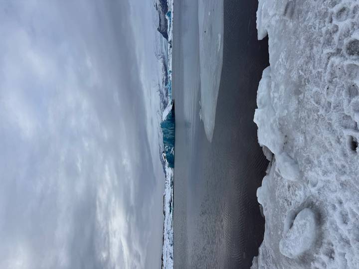 Calm winter lagoon with floating icebergs beneath overcast grey skies and a snowy shore.