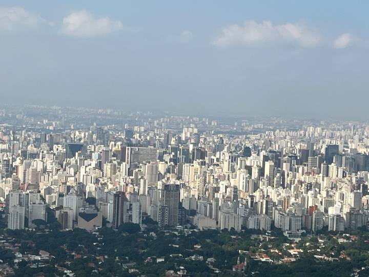 Expansive skyline of São Paulo filled with dense high-rise buildings under a hazy sky.